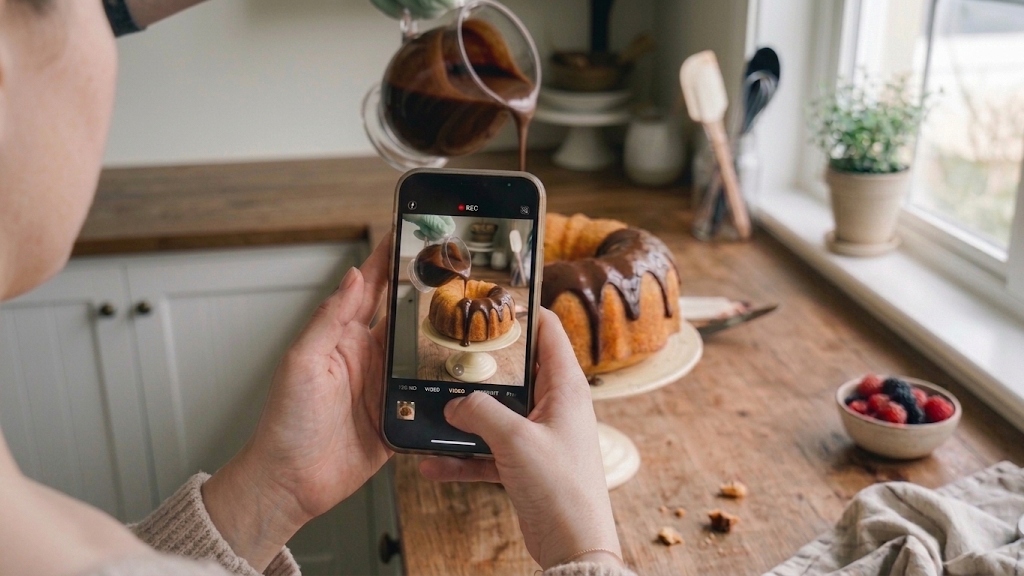 Pessoa segurando um smartphone e gravando em vídeo a calda de chocolate sendo despejada sobre um bolo caseiro na cozinha