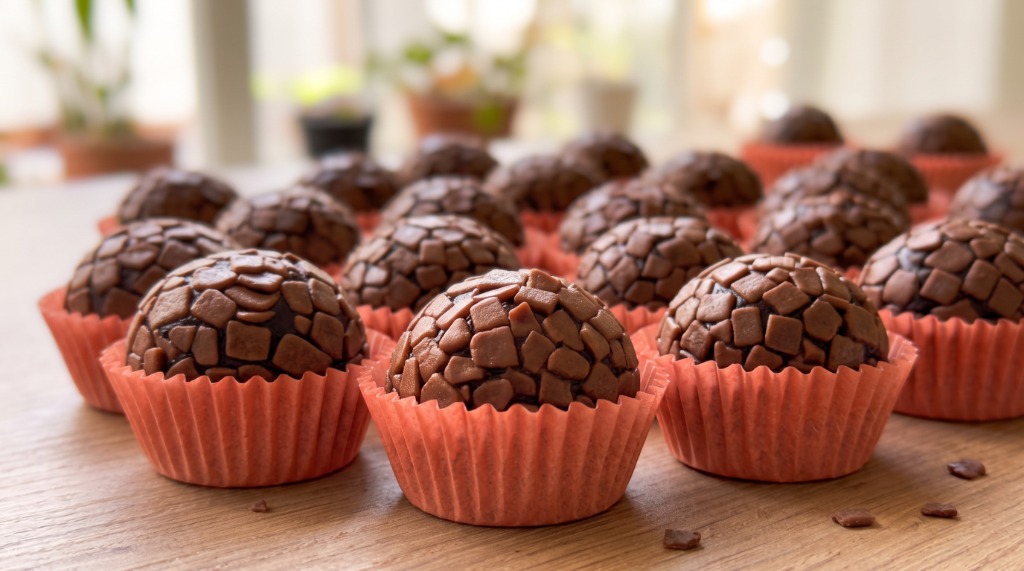 Brigadeiros gourmet tradicionais com confeitos split belga em forminhas coral sobre bancada de madeira