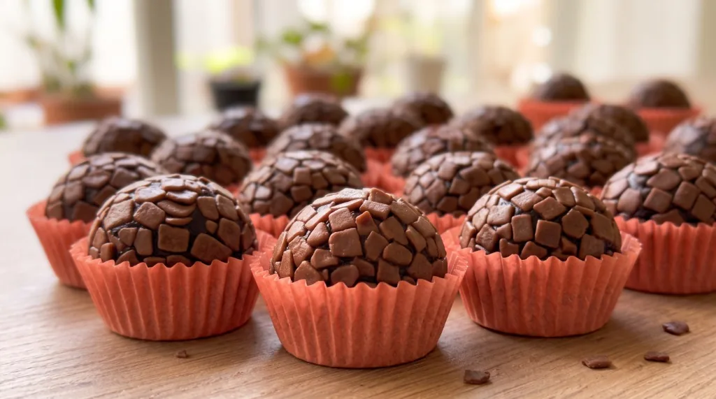Brigadeiros gourmet tradicionais com confeitos split belga em forminhas coral sobre bancada de madeira