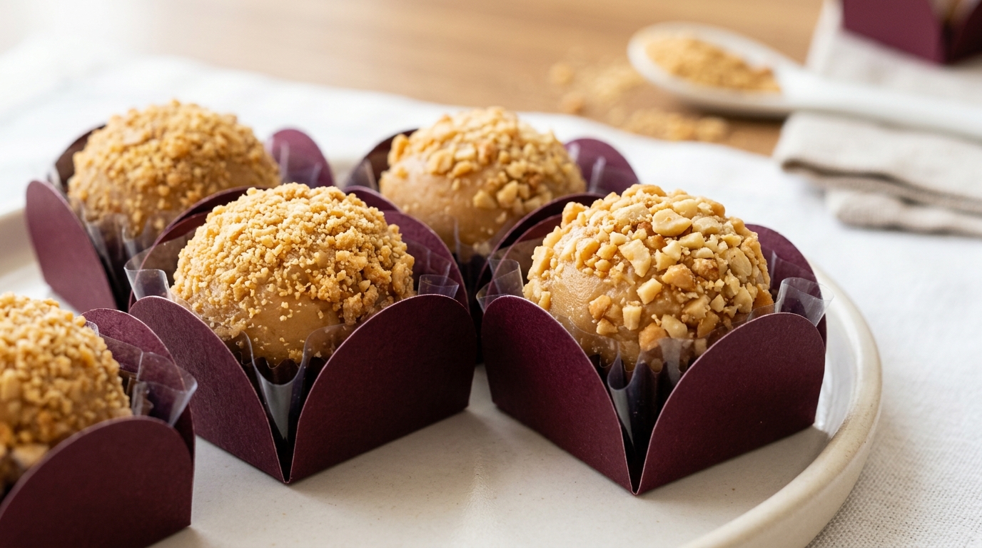 Brigadeiros gourmet de Paçoquita em forminhas de cor vinho sobre bancada