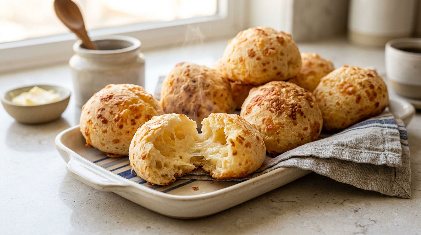 Pães de queijo artesanais dourados e quentinhos servidos em uma bandeja sobre bancada